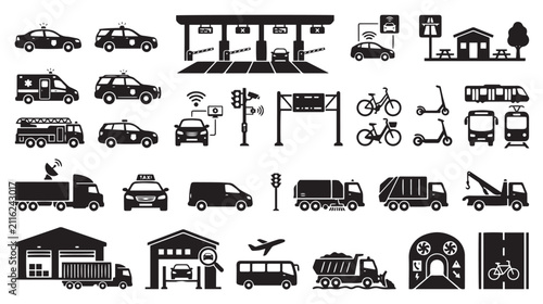 Transportation and road infrastructure icon set, black silhouette vehicle symbols for city traffic, logistics and public transit vector collection