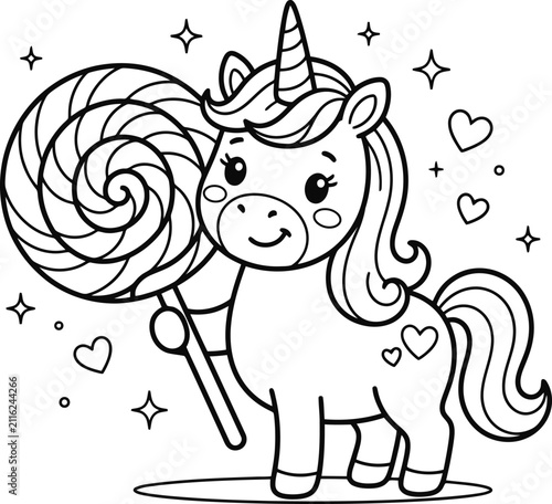 Unicorn Holding Lollipop Black and white Vector Illustration For Coloring Pages