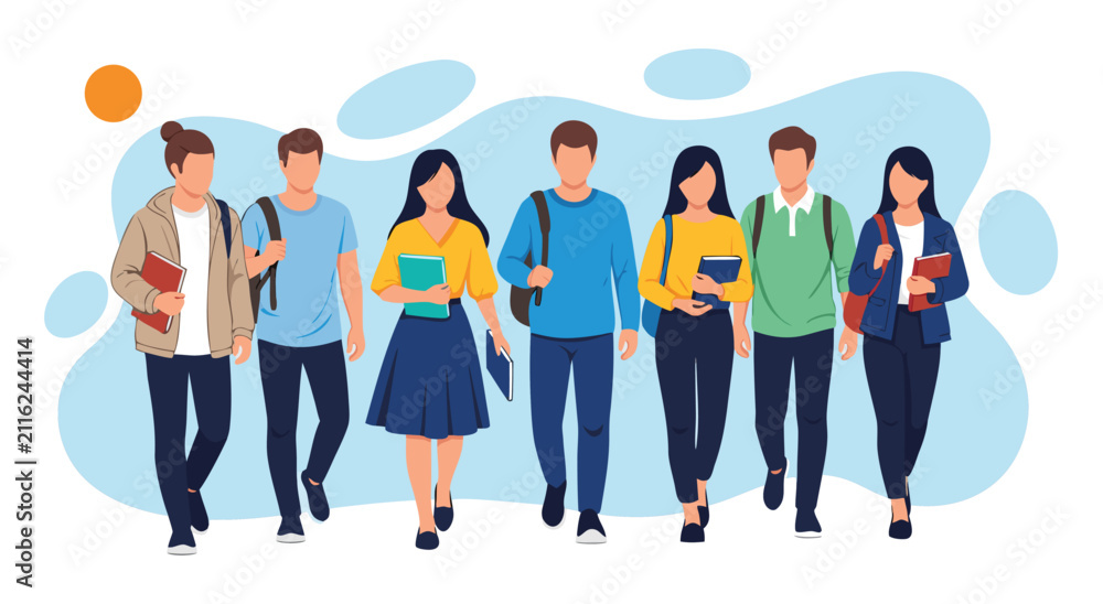Obraz premium Front view vector illustration of a diverse group of college students walking together outdoors on campus background.