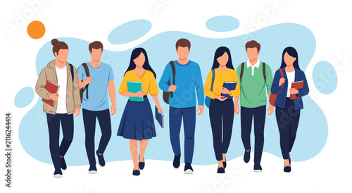 Obraz na płótnie Front view vector illustration of a diverse group of college students walking together outdoors on campus background