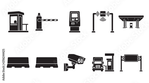 Toll road infrastructure icons set, highway gate and automatic payment terminal vectors, 10 black silhouette transportation elements for traffic management