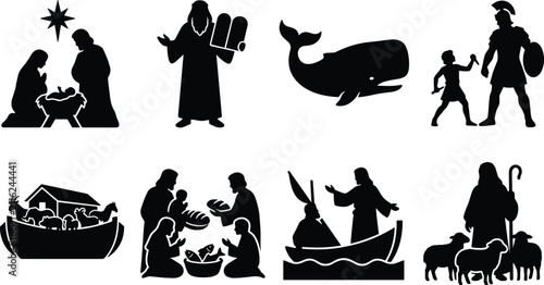 Foto Biblical stories and christian religion icon set featuring nativity scene noahs