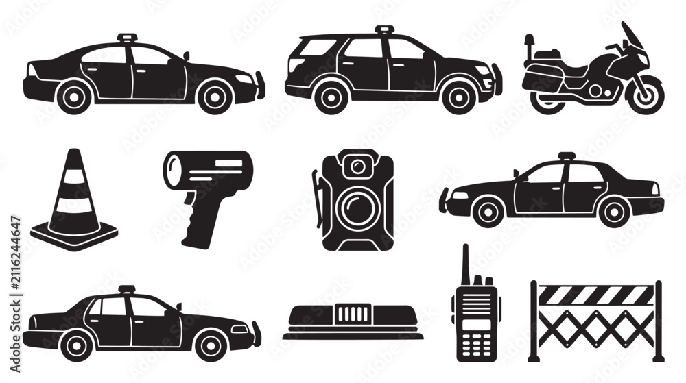 Fototapeta premium Police department equipment icons set, law enforcement vehicle silhouettes and patrol gear, black vector emergency service symbols for security design