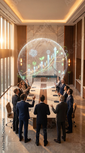 Innovative Corporate Meeting with Holographic Financial Projections and Sustainability Focus in Modern Office