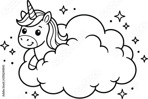 Cartoon unicorn peeking from a cloud black and white line illustration