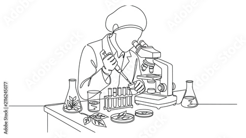 A line art illustration of a scientist conducting laboratory research with a microscope.