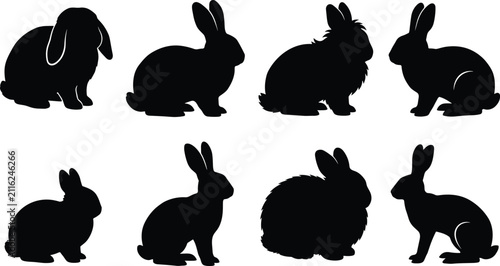 Foto Rabbit breeds silhouette icon set with black shapes of lop angora dwarf and dome