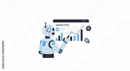 Robot Analyzing Marketing Data Graph.