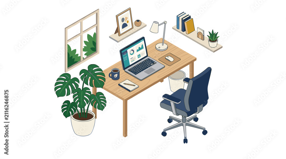 Fototapeta premium Modern Home Office Setup with Laptop and Plants Isometric View