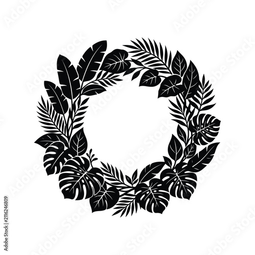 Tropical leaf wreath frame. Black botanical circle border with exotic jungle foliage.