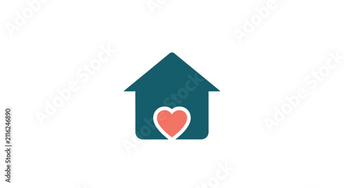 Teal house with heart symbol inside.