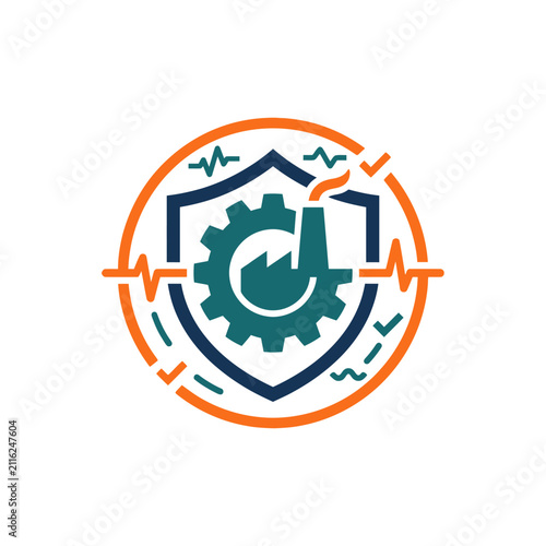 A circular industrial shield icon with gear and factory elements