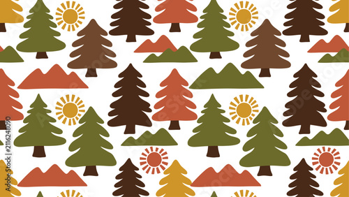Seamless Woodland Pattern with Stylized Pine Trees, Mountains and Sun - Colorful Nature Graphic. Flat vector illustration EPS 10.