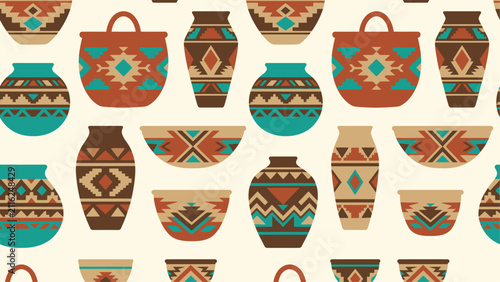 Seamless geometric pottery pattern featuring Southwestern-inspired vases and bowls. Flat vector illustration EPS 10.