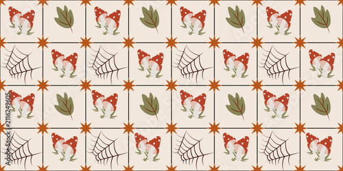 Autumn Mushroom Seamless Pattern with Spider Web Leaves and Star Grid Background