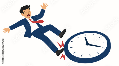 Surprised businessman tripping over a giant fallen clock, vividly illustrating poor time management, missed deadlines, workplace pressure, urgency, scheduling problems, and productivity challenges
