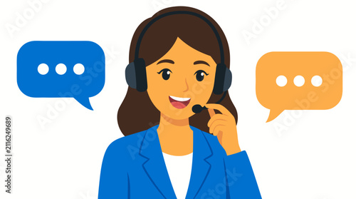 Friendly customer service representative in a blue blazer wearing a headset and speaking into a microphone, with colorful speech bubbles representing support, communication, and call center service