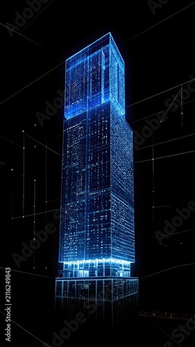 Futuristic Digital Building Representing Technology, Data Network, and Smart City Connectivity