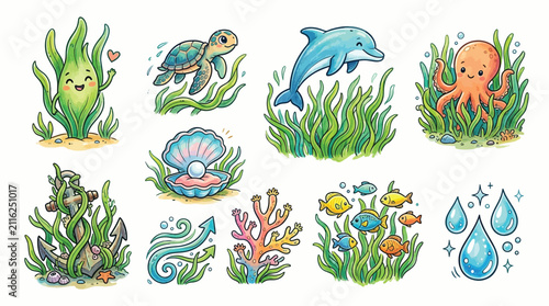 Canvastavla A vibrant collection of cute cartoon underwater sea creatures and elements, including a cheerful seaweed, a turtle, a dolphin, an octopus, a seashell with a pearl, an anchor, coral, and fish