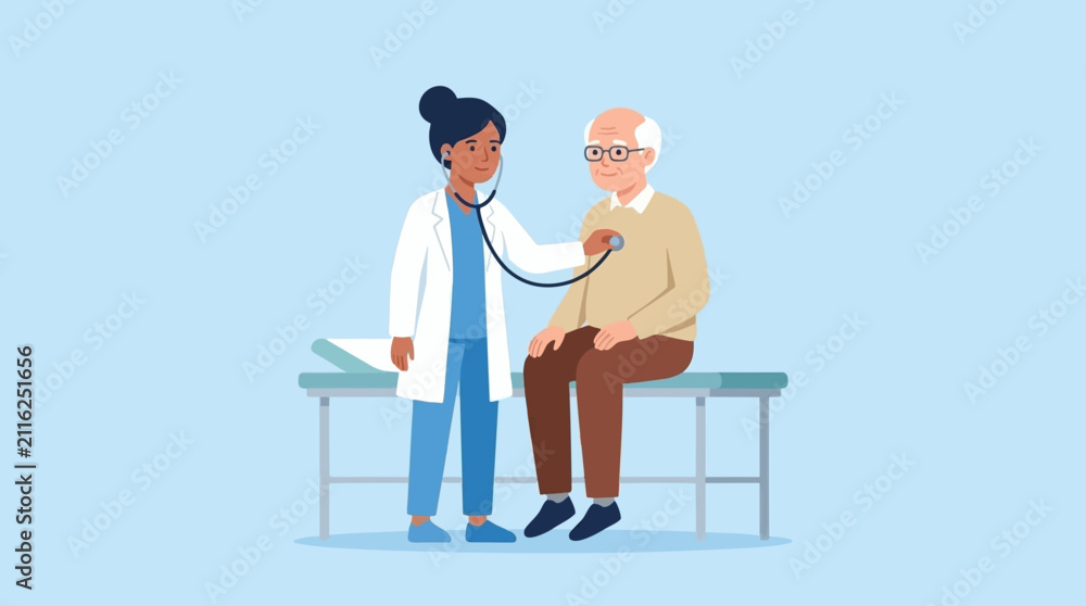 Fototapeta premium Flat illustration of female doctor examining elderly patient.