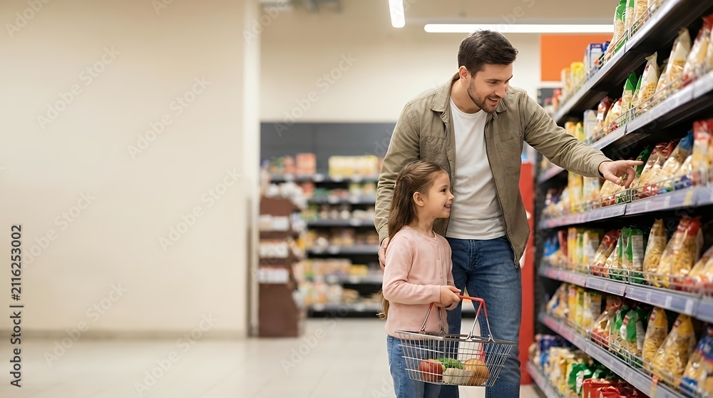 Fototapeta premium Father and daughter shopping together for groceries in supermarket aisle / Parent helping child select food products while browsing store shelves father dad parent daughter child kid girl family