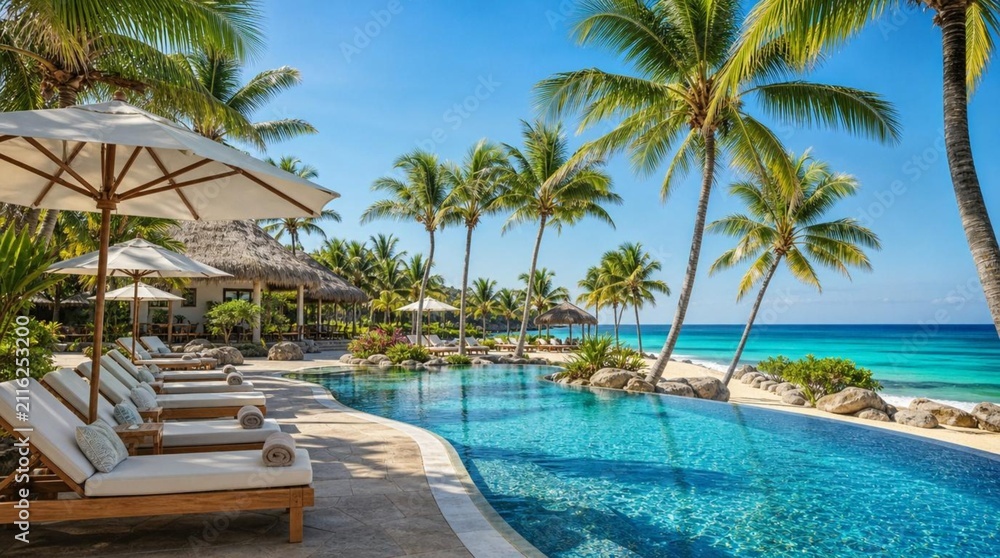 Fototapeta premium A tropical beachfront resort pool with palm trees, loungers, umbrellas, and turquoise ocean views, perfect for luxury vacation, travel, and hospitality marketing.