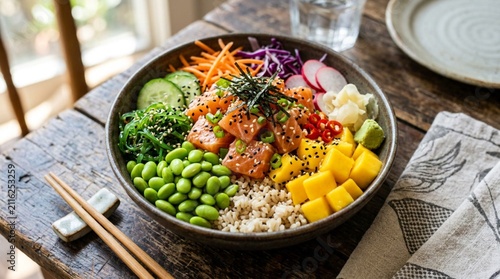 A colorful salmon poke bowl with rice, edamame, mango, seaweed, cucumber, radish and chopsticks on a rustic table suits healthy dining promotions.