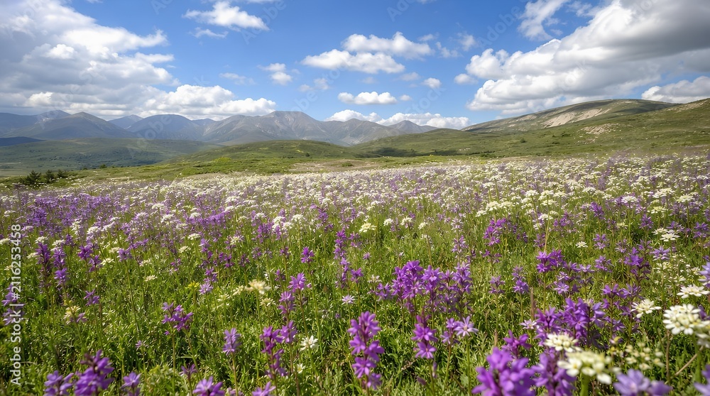 Obraz premium A broad alpine meadow filled with purple and white wildflowers stretches toward green hills and distant mountains, suited for nature travel and conservation campaigns.