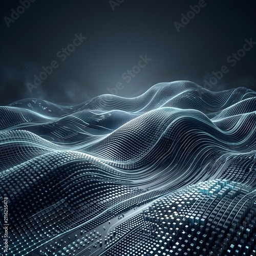 Abstract digital landscape featuring glowing blue data waves and grid.
