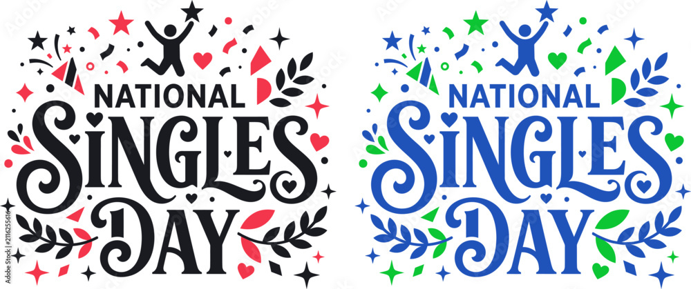 Fototapeta premium National singles day decorative typography design with colorful floral elements and festive celebration icons