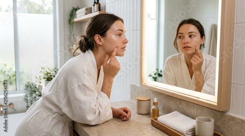 A young woman in a white robe stands in a bright modern bathroom, leaning over the counter to inspect her skin in the illuminated mirror while touching her cheek, surrounded by skincare products and