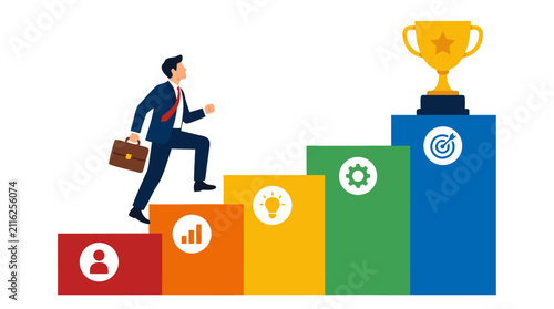 Determined businessman ascending colorful achievement steps toward a golden trophy, representing career advancement, measurable progress, competitive success, motivation, performance, ambition, and
