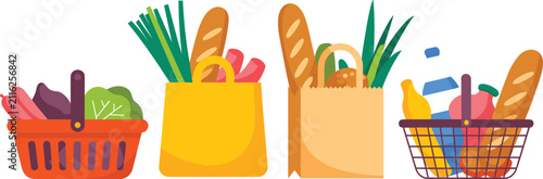 Grocery Shopping Basket and Bag Vector Element Set Featuring Reusable Tote Kraft Paper Bag and Wire Baskets Filled with Fresh Bread and Vegetables