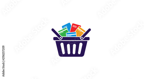 Shopping basket with colorful items.
