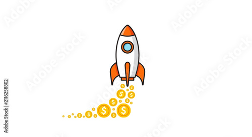 Rocket Ship Launching with Money Coins.