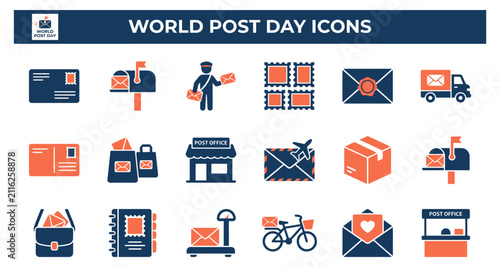 World post day icons featuring mail, stamps, post office, and delivery symbols featuring envelope, postcard, postman
