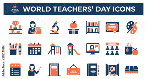 World teachers' day icons featuring education symbols and teaching tools featuring teacher, school, books with apple