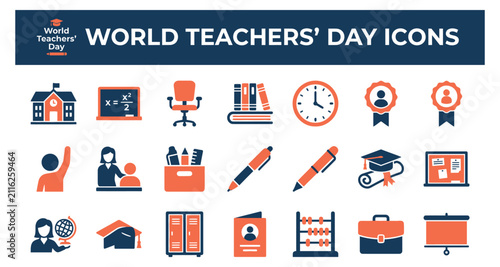 World teachers' day icons featuring school, chalkboard, chair, books, clock, awards, and teaching tools