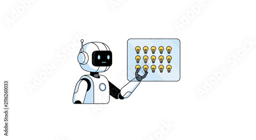 Robot pointing at screen with icons.