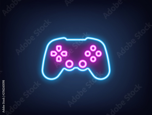 Outline neon gamepad, blue magenta. Neon wireless joystick for arcade games, videogame station controller. Wireless gamepad, computer games, play console, cybersport club, gaming zone. Vector
