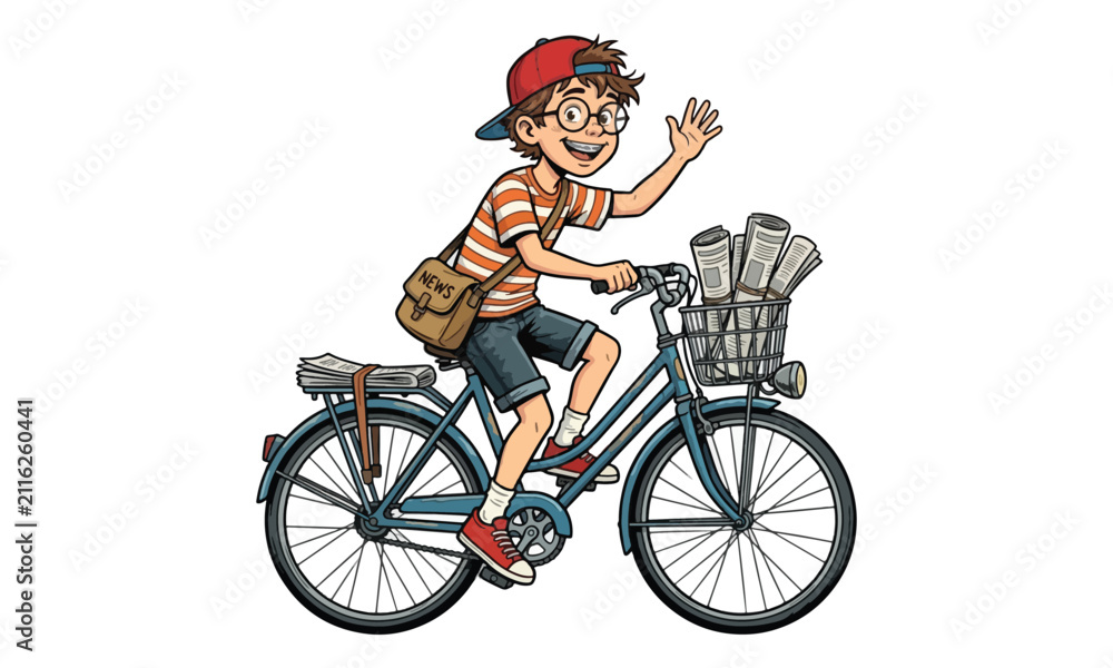 Fototapeta premium Paperboy riding bicycle delivering newspapers on white background
