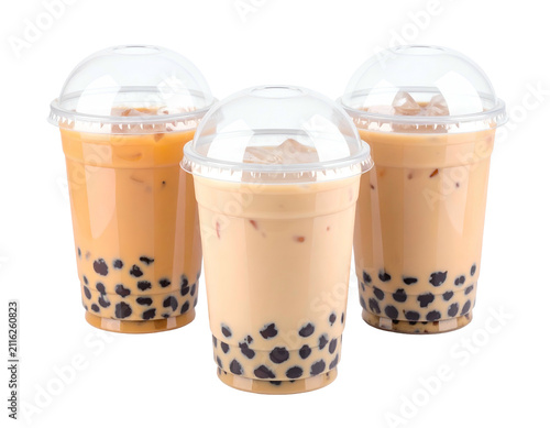 Three Plastic Cups of Refreshing Iced Milk Tea with Black Tapioca Pearls Isolated