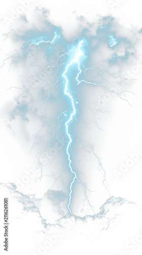 A vertical, glowing lightning strike against a stormy sky background