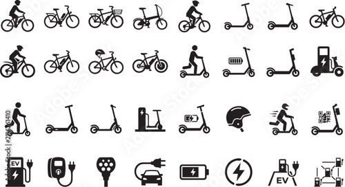 Set of flat design bicycle icons and transportation symbols. Vector line art of bikes, scooters, and urban mobility signs for infographics.