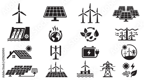 Renewable energy icons set for sustainable technology design. Eco-friendly power symbols collection for green business and clean future projects.