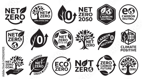 Net zero carbon emissions badges and eco sustainability icons set. Circular green energy symbols for climate action and environmental responsibility.