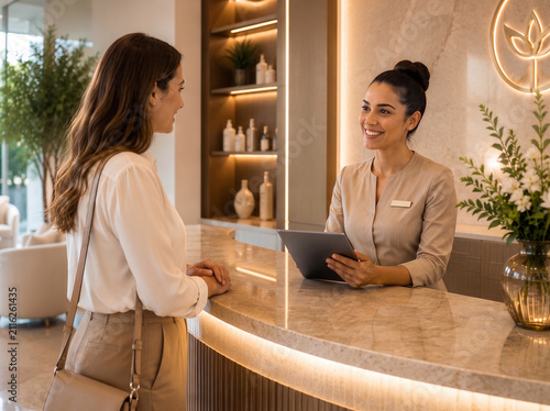 Luxury health and wellness clinic reception with a friendly professional receptionist welcoming a female client in a premium modern medical spa interior designed