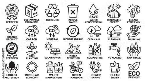 Set of eco friendly icons. Sustainable development and green energy vector symbols.
