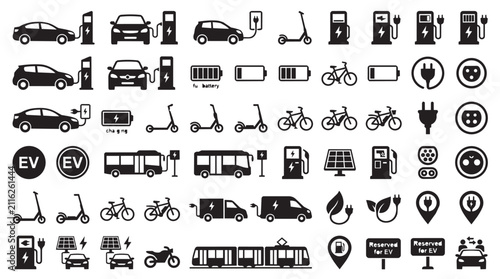 Electric vehicle icons set. EV charging station symbols and sustainable transport graphics.
