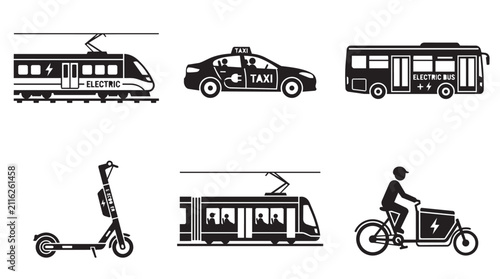 Modern urban transportation icons set with electric vehicles. Flat design vector illustrations of city commute options for eco-friendly travel.